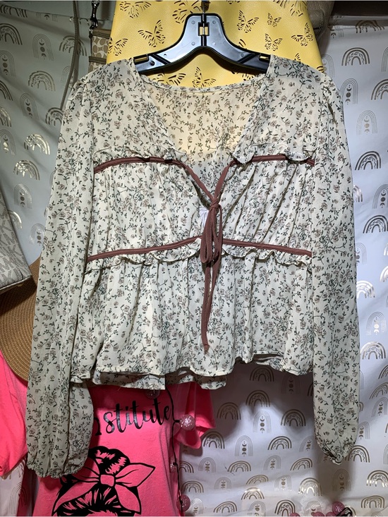 Tops - Boho Floral Peasant Top with Tie - Cream